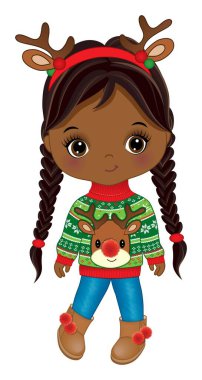 Noel süveteri, kot pantolon, ugg botlar ve geyik boynuzu bandı takan sevimli Afro-Amerikalı kız. At kuyruklu siyah kız. Noel afro kız vektör illüstrasyonu