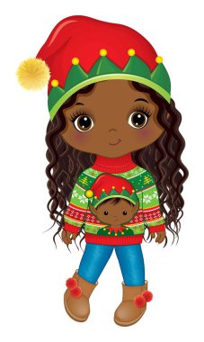 Noel süveteri ve Elf şapkası giyen tatlı Afro-Amerikan kız. Uzun kıvırcık saçlı afro kız. Noel siyahi kız vektör illüstrasyonu