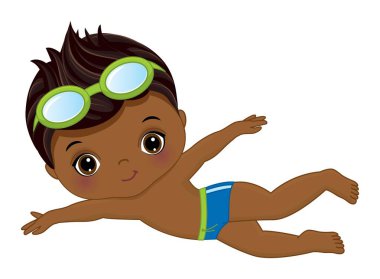 Mavi yüzme şortu ve gözlüklü şirin afro çocuk yüzmeyi öğreniyor. Düz saçlı küçük Afrikalı Amerikalı çocuk. Küçük siyah yüzücü vektör çizimi