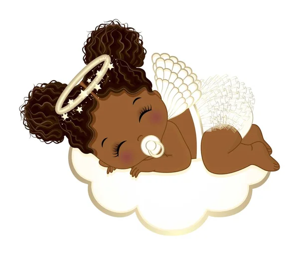 かわいいアフリカ系アメリカ人の赤ちゃんは 白いラッフルのおむつ エンジェルウィング そして雲の上に眠っている黄金のハローリングを身に着けています 2つのアフロパフを持つ小さな黒い天使 エンジェルガールベクターイラスト — ストックベクタ