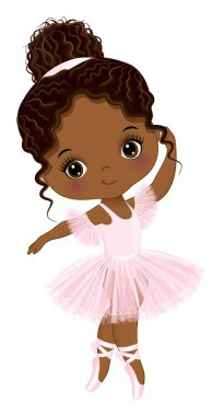 Dans eden sevimli Afrikalı Amerikalı balerin. Pastel pembe etekli elbise ve sivri ayakkabılar giyen siyah balerin. Afro puflu küçük balerin. Afrikalı Amerikalı balerin vektör illüstrasyonu