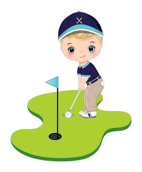 ターコイズ ネイビー ホワイトスポーツの衣装を着てゴルフをしています 小さな男の子は青い目をしている金髪です リトルゴルファーベクトルイラスト — ストックベクタ