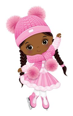 Pembe kış kıyafeti giyen sevimli küçük Afro-Amerikalı kız. Örgü atkı, ponponlu şapka, ceket, etek ve buz pateni. At kuyruklu siyah kız. Artistik patinajcı vektör çizimi