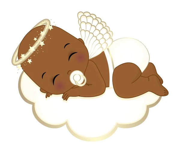 白と金のおむつを着たかわいいアフリカ系アメリカ人の赤ん坊 天使の翼と黄金のハローリングが雲の上に眠っている 小さな黒い天使がハゲになっている エンジェルボーイベクターイラスト — ストックベクタ