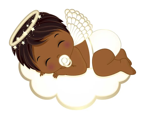 白と金のおむつを着たかわいいアフリカ系アメリカ人の赤ん坊 天使の翼と黄金のハローリングが雲の上に眠っている 真っ直ぐな髪をした小さな黒い天使 エンジェルボーイベクターイラスト — ストックベクタ