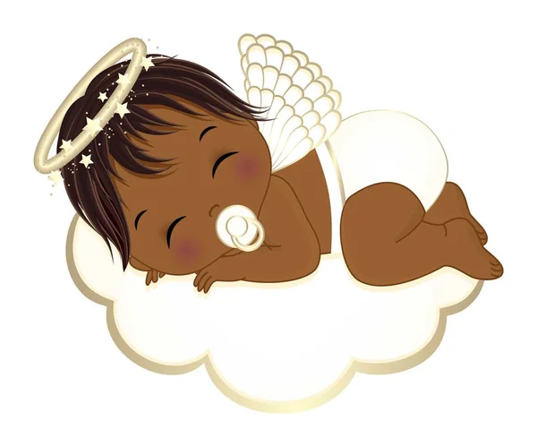 Leuke Afro Amerikaanse Baby Jongen Met Witte Gouden Luier Engelenvleugels — Stockvector