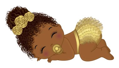Altın fırfırlı bebek bezi ve çiçekli saç bandı takan tatlı Afrikalı küçük bir kız. Afro puf ve emzik kullanan siyah bir kız bebek. Kız bebek partisi vektör illüstrasyonu