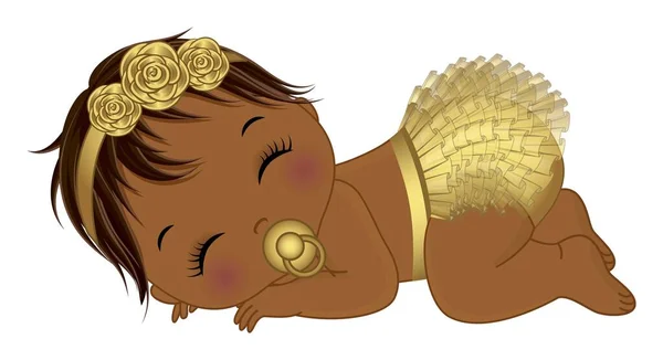 かわいい小さなアフリカ系アメリカ人の赤ん坊の少女は 金のラッフルおむつと花のヘッドバンドを着ています 黒い赤ん坊の女の子は 眠っているおしゃぶりと アフロ少女ベビーシャワーベクターイラスト — ストックベクタ