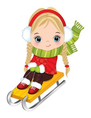 Kırmızı ve yeşil kıyafetli şirin küçük kız kızakla kayıyor. Küçük beyaz kız sarı saçlı, at kuyruklu ve mavi gözlü. Kız kızak vektör illüstrasyonu