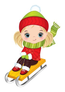 Kırmızı ve yeşil kıyafetli şirin küçük kız kızakla kayıyor. Küçük beyaz kız sarı saçlı, at kuyruklu ve mavi gözlü. Kız kızak vektör illüstrasyonu