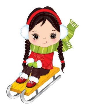 Kırmızı ve yeşil kıyafetli şirin küçük kız kızakla kayıyor. Kafkasyalı küçük kız siyah saçlı, at kuyruklu ve ela gözlü. Kız kızak vektör illüstrasyonu