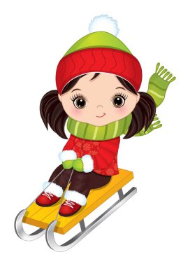 Kırmızı ve yeşil kıyafetli şirin küçük kız kızakla kayıyor. Kafkasyalı küçük kız siyah saçlı, at kuyruklu ve ela gözlü. Kız kızak vektör illüstrasyonu