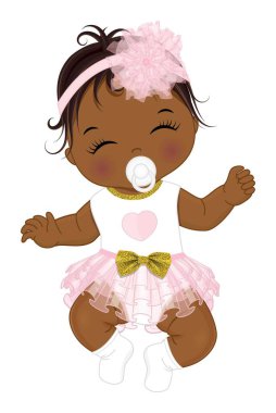 Pembe ve beyaz fırfırlı elbise giyen, altın fiyonklu ve çiçekli saç bandı takan tatlı Afrikalı küçük bir kız bebek. Emzik kullanan Afro kız, uyuyor. Kız bebek partisi vektör illüstrasyonu