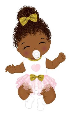 Pembe beyaz fırfırlı elbise giyen, altın yaylı, uyuyan tatlı Afrikalı küçük bir kız bebek. Siyah küçük kız kıvırcık saçlı. Kız bebek partisi vektör illüstrasyonu