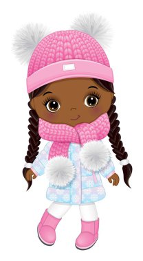 Kışlık palto giyen, çirkin botlar giyen, pembe atkı ören ve ponponlu şapka takan sevimli siyah bir kız. Saçları örgülü Afrikalı Amerikalı bir kız. Kış afro kız vektör illüstrasyonu