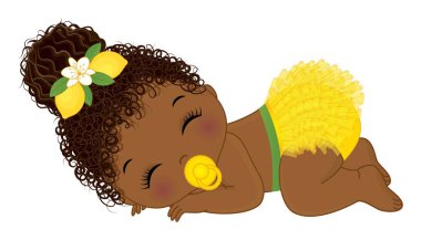 Afro puflu, sarı fırfırlı bebek bezi ve limonlu saç bandı takan tatlı siyah bir kız. Emzik kullanan Afrikalı Amerikalı bir kız bebek. Kız bebek partisi vektör illüstrasyonu
