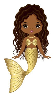 Altın balık kuyruklu ve uzun saçlı sevimli siyah deniz kızı. Altın kolye ve deniz kabuğu sütyen takan Afro deniz kızı. Afro-Amerikan deniz kızı vektör çizimi