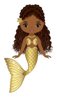 Altın kuyruklu, uzun saçlı ve deniz yıldızlı güzel siyah deniz kızı. Altın kolye ve deniz kabuğu sütyen takan Afro deniz kızı. Afro-Amerikan deniz kızı vektör çizimi