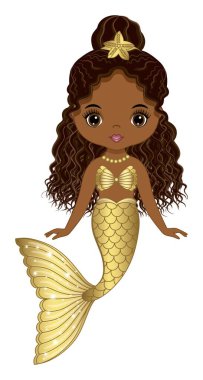 Altın balık kuyruklu, afro puflu ve deniz yıldızlı güzel siyah deniz kızı. Altın kolye ve deniz kabuğu sütyen takan Afro deniz kızı. Afro-Amerikan deniz kızı vektör çizimi
