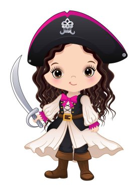 Korse giyip, şapka kuşanmış, kılıç tutan tatlı bir korsan kız. Küçük kız kıvırcık saçlı, uzun saçlı ve ela gözlü, beyaz arka planda soyutlanmış. Korsan kız vektör illüstrasyonu 