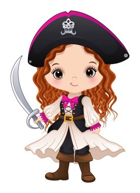Korse giyip elinde kılıç tutan sevimli korsan kız. Küçük kız kıvırcık saçlı, uzun saçlı ve ela gözlü, beyaz arka planda soyutlanmış. Korsan kız vektör illüstrasyonu 