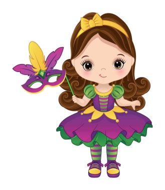 Karnaval mor, altın ve yeşil maskeli tatlı Mardi Gras kızı. Beyaz kız esmer, uzun kıvırcık saçlı ve ela gözlü. Mardi Gras kız vektör çizimi