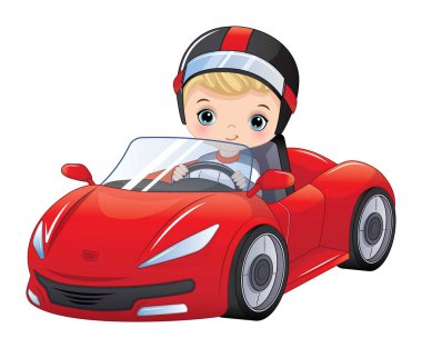Yarış arabası süren şirin bir çocuk. Kafkasyalı çocuk sarışın ve mavi gözlü. Formula 1 vektör illüstrasyonu