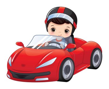 Yarış arabası süren şirin bir çocuk. Kafkasyalı çocuk koyu saçlı ve ela gözlü. Formula 1 vektör illüstrasyonu
