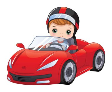 Yarış arabası süren şirin bir çocuk. Beyaz çocuk yeşil gözlü, kızıl saçlı. Formula 1 vektör illüstrasyonu
