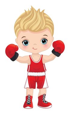 Küçük şirin boksör çocuk. Küçük çocuk mavi gözlü sarışın. Kırmızı spor üniformalı, ayakkabılı ve boks eldivenli bir çocuk. Boxer vektör illüstrasyonu