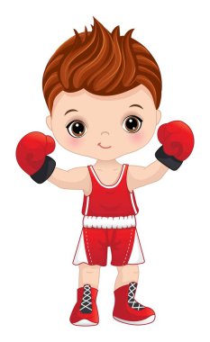 Küçük şirin boksör çocuk. Küçük çocuk kızıl saçlı ve ela gözlü. Kırmızı spor üniformalı, ayakkabılı ve boks eldivenli bir çocuk. Boxer vektör illüstrasyonu