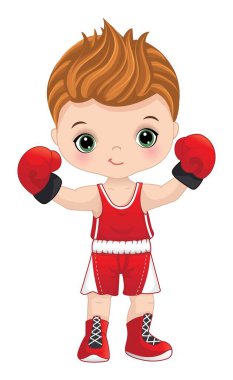 Küçük şirin boksör çocuk. Küçük çocuk yeşil gözlü, kızıl saçlı. Kırmızı spor üniformalı, ayakkabılı ve boks eldivenli bir çocuk. Boxer vektör illüstrasyonu