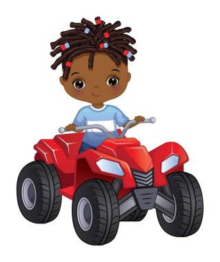 Dört tekerlekli bisiklete binen sevimli Afro-Amerikan çocuk. Rasta saçlı afro çocuk. Dörtlü bisiklete binen küçük siyah çocuk.