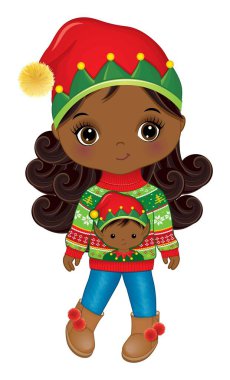 Noel süveteri ve Elf şapkası giyen tatlı Afro-Amerikan kız. Uzun kıvırcık saçlı afro kız. Noel siyahi kız vektör illüstrasyonu