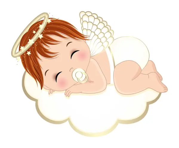 可爱的高加索男婴穿着白色的尿布 天使般的翅膀和金光闪闪的光环睡在云端 小天使是红头发 天使男孩矢量说明 — 图库矢量图片