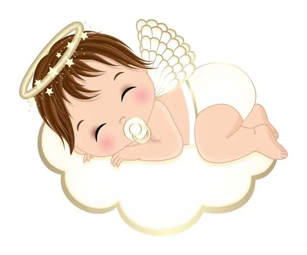 白いおむつ エンジェルウィング 黄金のハローリングを着たかわいい赤ん坊の少年が雲の上に眠っている リトルエンジェルはブルネット エンジェルボーイベクターイラスト ストックベクター