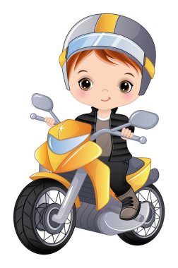 Motosiklet süren şirin küçük çocuk. Küçük çocuk kızıl saçlı ve ela gözlü. Siyah ceketli, pantolonlu ve kasklı bir çocuk. Bisikletçi vektör illüstrasyonu