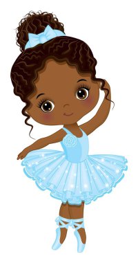 Dans eden sevimli Afrikalı Amerikalı balerin. Siyah balerin mavi etekli ve sivri uçlu ayakkabı giyiyor. Afro puflu küçük balerin. Afrikalı Amerikalı balerin vektör illüstrasyonu