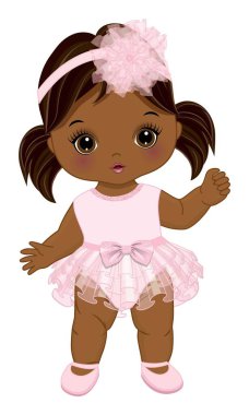 Pastel pembe fırfırlı elbise giyen ve çiçekli saç bandı takan tatlı bir afro bebek. Saçları örgülü Afrikalı Amerikalı bir bebek. Kız bebek partisi vektör illüstrasyonu