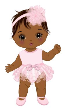 Pastel pembe fırfırlı elbise giyen ve çiçekli saç bandı takan tatlı bir afro bebek. Düz saçlı Afrikalı Amerikalı bir kız bebek. Kız bebek partisi vektör illüstrasyonu