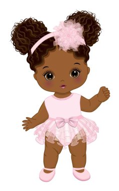 Pastel pembe fırfırlı elbise giyen ve çiçekli saç bandı takan tatlı bir afro bebek. Afro puflu küçük kız. Kız bebek partisi vektör illüstrasyonu