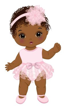 Pastel pembe fırfırlı elbise giyen ve çiçekli saç bandı takan tatlı bir afro bebek. Afrikalı Amerikalı bebek kıvırcık. Kız bebek partisi vektör illüstrasyonu