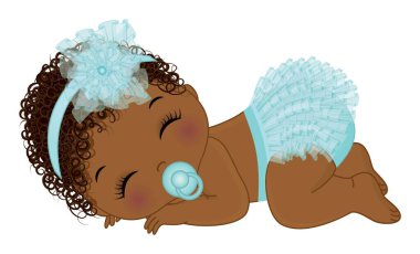 Yeni doğmuş Afro-Amerikalı bebek pastel mavi fırfırlı bebek bezi ve çiçekli saç bandı takmış uyuyor. Siyah bebek kıvırcık. Emziği olan tatlı bir kız. Kız bebek partisi vektör illüstrasyonu