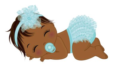 Yeni doğmuş Afro-Amerikalı bebek pastel mavi fırfırlı bebek bezi ve çiçekli saç bandı takmış uyuyor. Emziği olan tatlı bir kız. Kız bebek partisi vektör illüstrasyonu