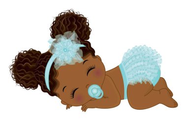 Yeni doğmuş Afro-Amerikalı bebek pastel mavi fırfırlı bebek bezi ve çiçekli saç bandı takmış uyuyor. Afro puf ve emziği olan tatlı bir kız. Kız bebek partisi vektör illüstrasyonu