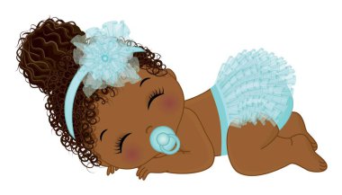 Yeni doğmuş Afro-Amerikalı bebek pastel mavi fırfırlı bebek bezi ve çiçekli saç bandı takmış uyuyor. Afro puf ve emziği olan tatlı bir kız. Kız bebek partisi vektör illüstrasyonu