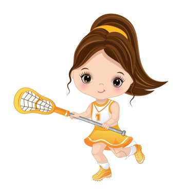 Sarı ve beyaz spor üniforma giyen ve lakros oynayan şirin bir kız. Küçük kız at kuyruklu ve ela gözlü esmer. Lacrosse sopa vektör çizimi olan kız