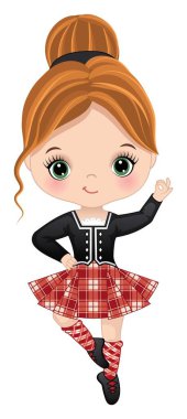 İskoç eteği giymiş şirin bir kız. Küçük kız kızıl saçlı, yeşil gözlü. İskoç dansçı vektör illüstrasyonu