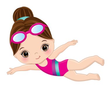 Pembe mayolu ve gözlüklü tatlı kız yüzmeyi öğreniyor. Kafkasyalı küçük kız, esmer ve ela gözlü. Küçük yüzücü vektör çizimi