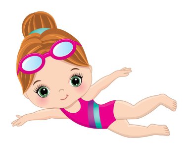 Pembe mayolu ve gözlüklü tatlı kız yüzmeyi öğreniyor. Kafkasyalı küçük kız kızıl saçlı ve yeşil gözlü. Küçük yüzücü vektör çizimi